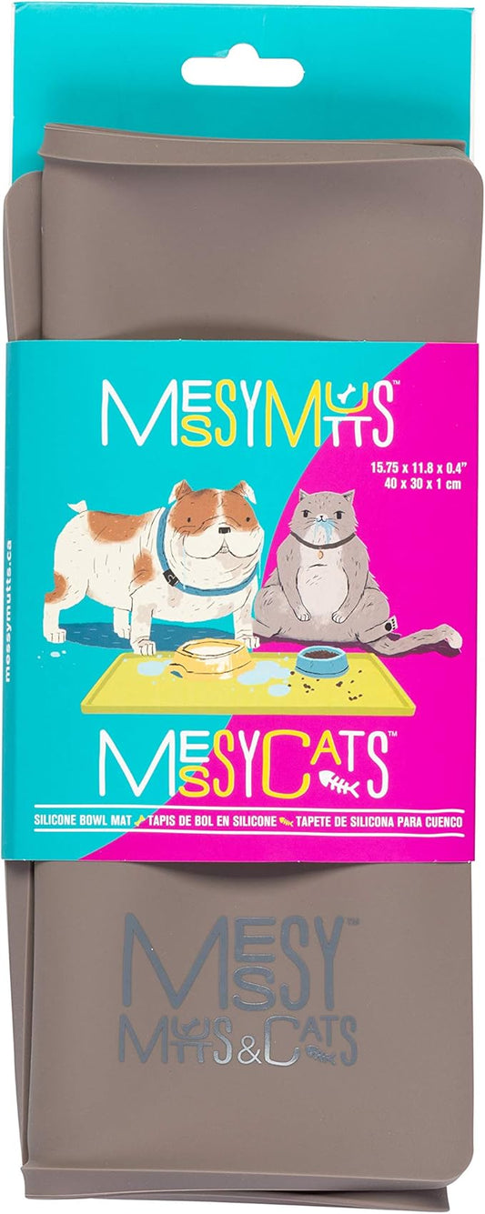 Messy Mutts & Cats Silicone Non-Slip Pet Bowl Mat with Raised Edge | 16” x 12” Dog/Cat Bowl Mat with Spill-Proof Lip | Grey