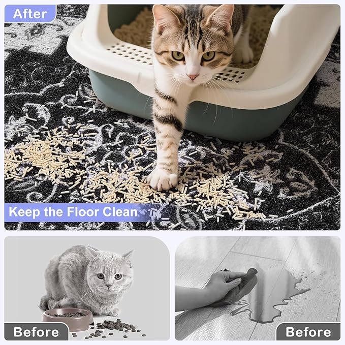 Bienbee Cat Litter Mat, 33" x 22" Large Size Litter Box Mat Rug with Non-Slip Bottom,Urine and Water Proof, Easy to Clean Cat Supplies Essentials for Indoor Kitty Kitten Floor, Black L