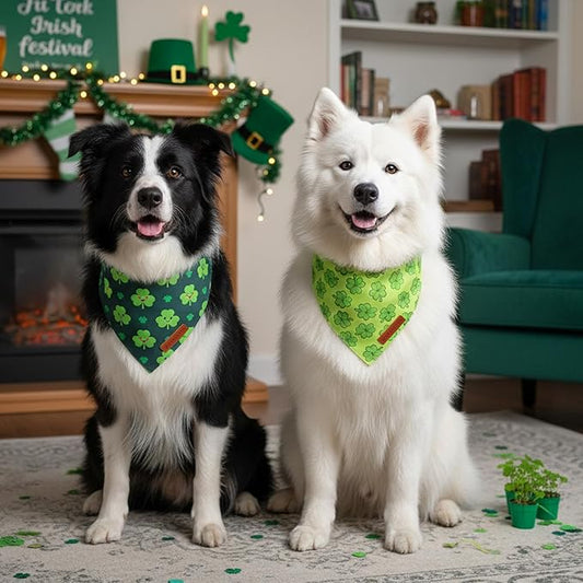 ADOGGYGO St Patrick Dog Bandana 2 Pack, Reversible Shamrock Pet Scarf Bib, Adjustable Fit Green St Patricks Day Bandanas for Medium Large Dogs (Large)