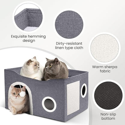 Heeyoo Cat House for Indoor Cats - Large Cat Bed Cave with Fluffy Ball and Scratch Pad, Foldable Cats Houses & Condos, Cat Hideaway, Covered Kitty Bed for Multi Small Large Kitty, 23.8x15.9x13.2 Inch