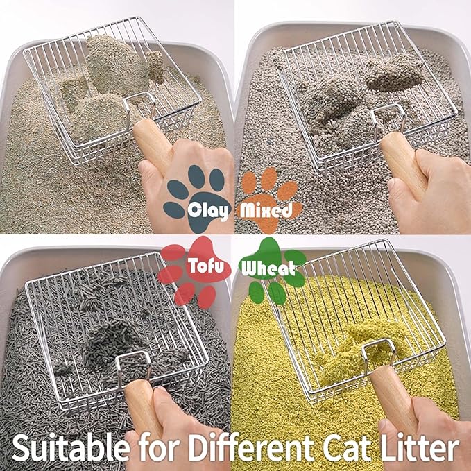 UFECODO Fast Sifting Cat Litter Scoop with Holder Stand, Stainless Steel Poop Scooper with Ergonomic Wood Handle, Heavy Duty and Easy Clean