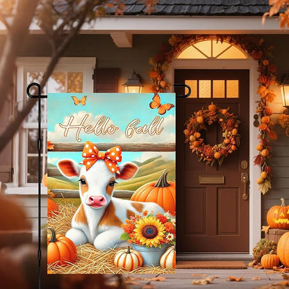 Hello Fall Garden Flag Cute Calf Cow Flag 12x18 Inch Polka Dot Bow Hay Pumpkins Sunflowers Double Sided Outdoor Banner For Front Yard Porch Lawn Patio Seasonal Home Decor Rustic Autumn