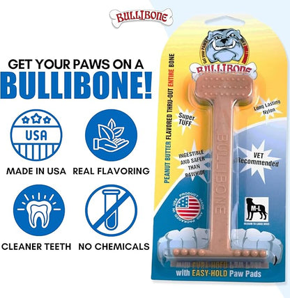 Bullibone Nylon Dog Chew Toy for Aggressive Chewers - Dental Hygiene Bone with Peanut Butter Flavor, Durable Tough Chew Toys for Large Dogs, Indestructible Dog Bone - 3 Pack