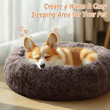 JOLLYVOGUE Calming Small Dog & Cat Bed for Indoor Cats - 20 inches Washable Donut Bed for Kittens & Puppies, Anti-Anxiety Round Fluffy Plush Pet Beds (Fits up to 15 lbs)