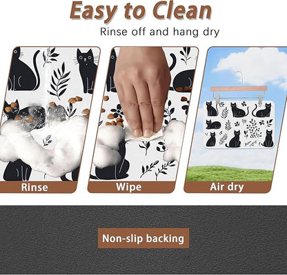 Cute Black Flower Dog Cat Food Mat,Absorbent Pet Feeding Mat with Rubber Backing,Non-Slip Water Bowl Placemat,Indoor Pet Accessories Supplies 16"x24"