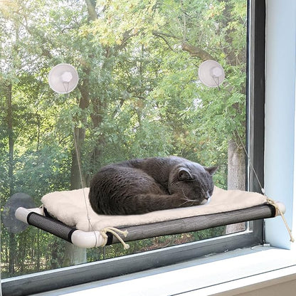 ZALALOVA Cat Perch, Cat Window Seat Large Sturdy Bed Fleece Blanket 2025 Latest Screw Suction Cups Resting with Blanket(Brown)