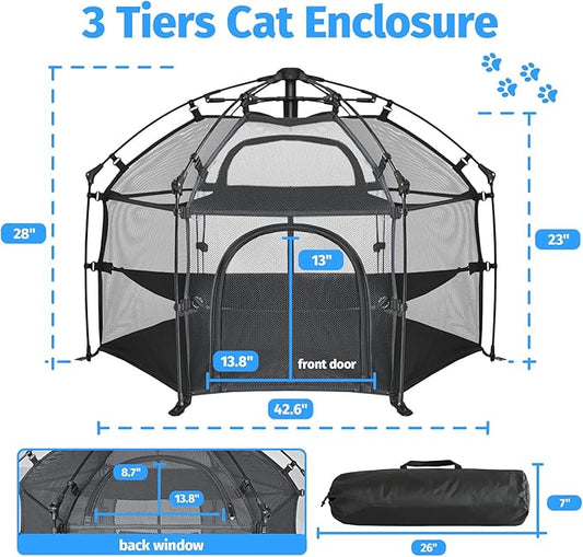 EighteenTek® Catio Outdoor Cat Enclosure 3-Tier Pop up Cat Tent Playpen | Portable Kitten Catio Tower | Pet Playpen Indoor/Outdoor Cats Enclosed | Play Tents for Patio Balcony Courtyard Camping