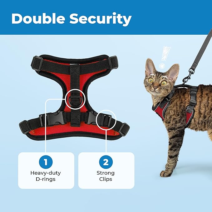 Voyager Escape-Proof Step-in Lock Cat Harness & 5ft Neoprene-Handle Leash Set All-Weather Mesh with Reflective Stitching for Small to Large Cats by Best Pet Supplies, Black Trim-Red (327), XXS