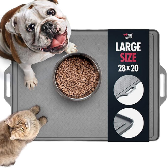 Tuff Pupper 28x20 Large Dog Feeding Mat for Food and Water | Dog Food Mats for Floors | Waterproof Dogs Water Bowl Mats | Dogs Placemats Pet Food-Mat | Silicone Feeding Mat for Cats and Cat Bowls