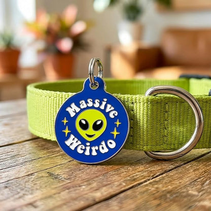 Bad Tags Personalized Dog and Cat ID Tags in 25+ Designs and 2 Sizes - 5 Lines of Custom Engraved Text - Funny Cute Personalized Pet Tags (Massive Weirdo, Large (1.25 inch))