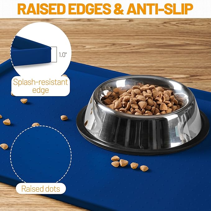 Hubulk Dog Feeding Mat,100% Waterproof Food Grade Silicone Pet Food and Water Bowl Placemat,Dishwasher, High Raised Edge to Prevent Spills,Nonslip Tray to Stop Messes on Floor (32"x24"x1.0", Navy)