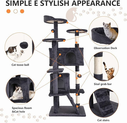 Cat Tree for Indoor Cats, Multi-Level Cat Tower with Scratching Posts & Cozy Condo, Space Saving Cat Activity Center, Durable Pet Play House (54in,Ashy)