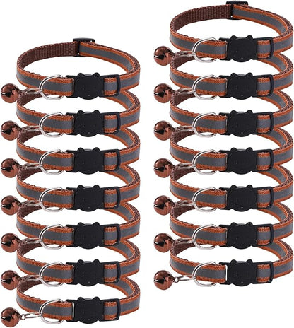 14 Pack Breakaway Cat Collar with Bell, Reflective Kitten Collar for Girl Boy Cats, Safety Buckle Adjustable 7.5-12.5 Inch, 0.4 Inch Width Lightweight, Pet Gifts (Brown)