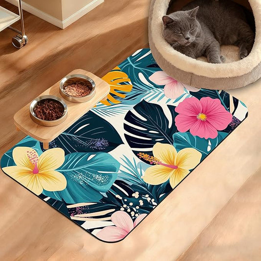 Tropical Palm Dog Food Mat,Exotic Leaves Floral Absorbent Pet Feeding Mat for Food and Water Bowl,Quick Dry Dog Placemat Non Slip Rubber Backing Waterproof Pet Supplies 16" x 24"