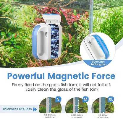 AQQA Aquarium Magetic Glass Cleaner Brush with 2 Detachable Scrapers Floating Fish Tank Cleaning Tools Algae Scraper for 0.45-0.66 inch Thick Glass/Acrylic Tanks (X-Large)