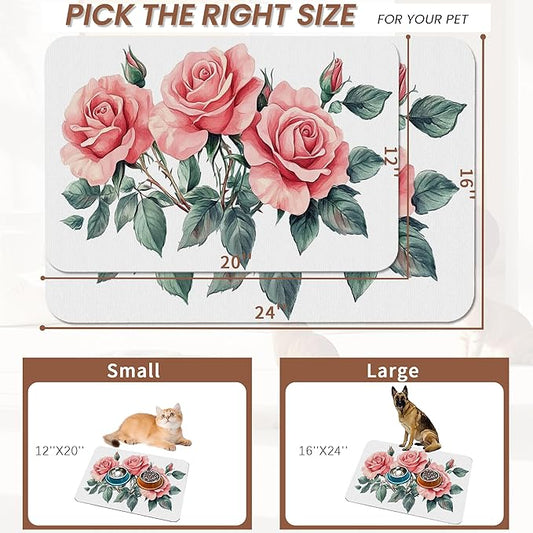 Pink Rose Pet Feeding Mat,Vintage Absorbent Quick-Dry Cat Dog Food and Water Bowl Mats,Non-Slip Rubber Backing Mat,Cat Dog Accessories Supplies 12"x20"