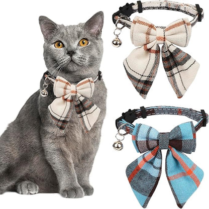 ADOGGYGO Plaid Cat Collars with Removable Bow Tie Bell, 2 Pack Beige Blue Plaid Kitten Bow Collar for Cats Kittens
