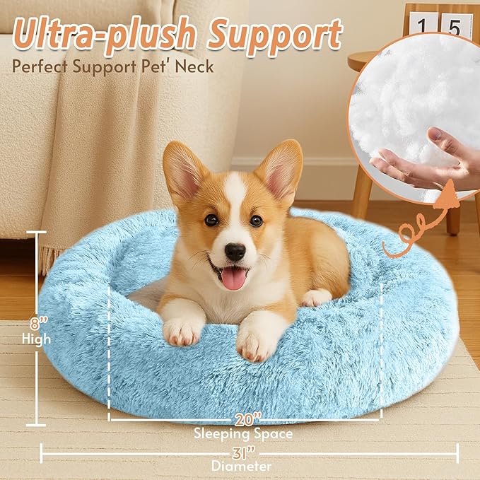 JOLLYVOGUE Calming Dog Bed Medium Size Dog, Anti-Anxiety Donut Medium Pet Bed, 31 inches Fluffy Faux Fur Round Cat Bed, Fits up to 45 lbs Pets (Light Blue)