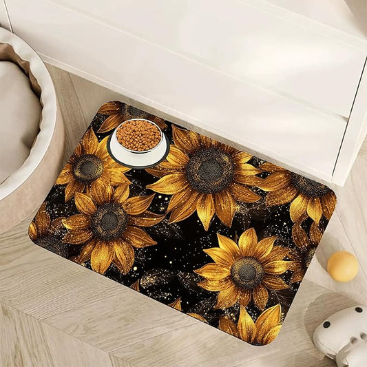Sunflower Vintage Pet Feeding Mat,Absorbent Quick-Dry Cat Dog Food and Water Bowl Mats, Non-Slip Rubber Backing Mat,Cat Dog Accessories Supplies 12"x20"