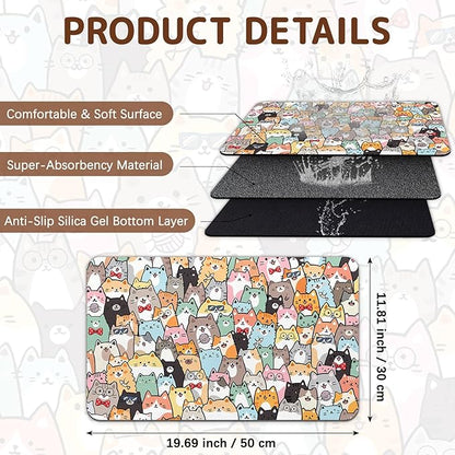 Dog Food Mat for Bowls, Absorbent Quick Dry Dog Cat Mats for Food and Water, Non-Slip Backing Pet Mat Pet Supplies - Cat Pattern