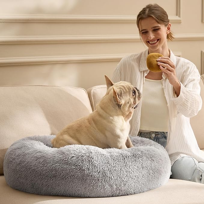 Bedsure Calming Dog Bed for Large Dogs - Donut Washable Large Pet Bed, 36 inches Anti-Slip Round Fluffy Plush Faux Fur Dog Bed, Fits up to 80 lbs Pets, Pale Grey