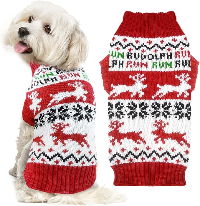 Dog Christmas Sweater Xmas Pet Clothes Cute Reindeer Christmas Dog Costume Outfits Holiday Knitwear Puppy Cat Jumpers New Year Gifts for Small Medium Large Dogs(Red Runing Deer,L)