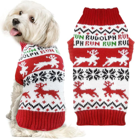 Dog Christmas Sweater Xmas Pet Clothes Cute Reindeer Christmas Dog Costume Outfits Holiday Knitwear Puppy Cat Jumpers New Year Gifts for Small Medium Large Dogs(Red Runing Deer,L)