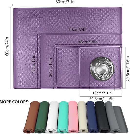 Ptlom Dog Food Mat Waterproof Pet Bowl Mats with High Lips, Non-Slip Dog Placemat Prevent Messy Spills to Floor, Silicone Puppy Feeding Tray for Small, Medium Large Dogs Cats, Purple, 31.5" 23.6"
