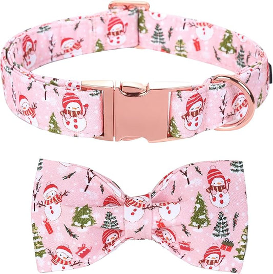 Christmas Dog Collar, Christmas Tree and Snowman Print Cute Winter Holiday Collars Cotton Adjustable Comfortable Pink Dog Collar with Bow,Stylish Collars for Medium Girl Dogs