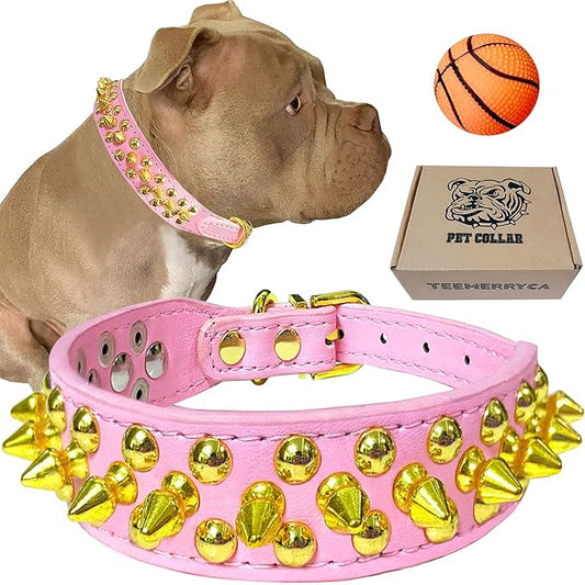 TEEMERRYCA Pink Leather Gold Spiked Studded Dog Collar for Female Puppy Small Medium Large Pets, Pit Bulls Bulldog, Keep Dog Safe from Grabbing by Huge Dogs, L(15"-18.5")