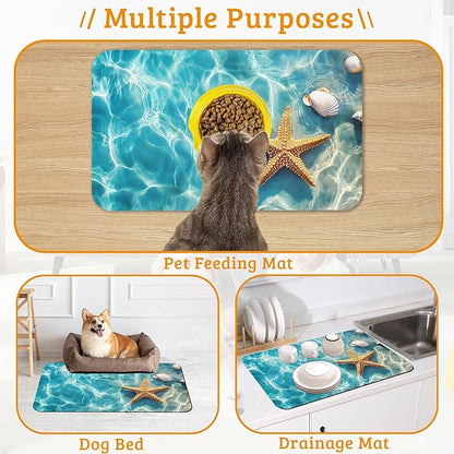 Starfish Shells Dog Cat Food Mat,Sea Beach Absorbent Waterproof Placemat for Food and Water Non Slip Rubber Backing Durable Feeding Pad for Clean Floors 12" x 20"