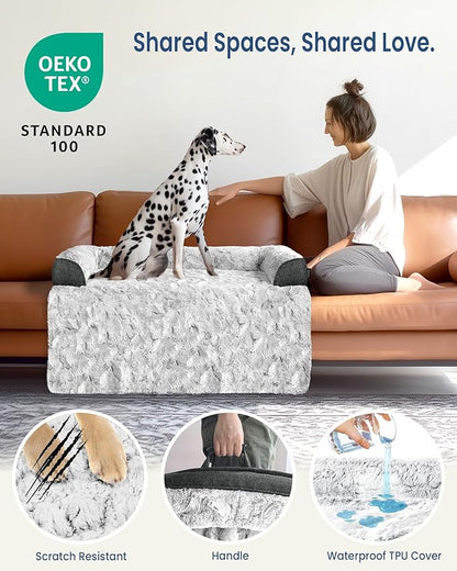 Calming Small Dog Bed for Couch, 35 x 31 inch Removable Couch Cover for Dogs Washable, Non-Slip Fluffy Plush Dog Sofa Mat for Furniture Protector - Grey