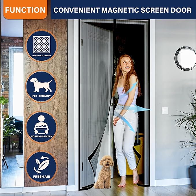 Magnetic Screen Door, Keep Bugs Out, Pet & Kid Friendly，Works with Front Doors, Sliding Doors,Fit Door Size 36 x 80 Inches ‎Black