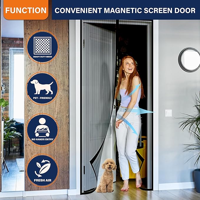 Magnetic Screen Door, Heavy Duty Door Screen Magnetic Closure Keep Bugs Out,Pet & Kid Friendly，Hands Free Door Screen Fit Door Size 60 x 80 Inches