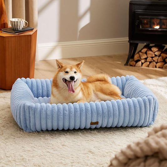 Bedsure ComfyFleece™ Washable Dog Bed for Large Dogs - Cute Furry Puppy Beds, Rectangle Orthopedic Corduroy Fleece Pet Beds with Removable Zipper Cover, 36x27x8inches, Blue