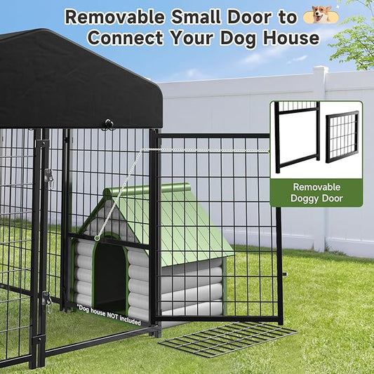Dog Kennel Outdoor, Outside Dog Kennel with Roof & Removable Doggy Door Allow Connecting Your Dog House, Square Pet Enclosure Dog Run Yard for Medium/Small Dogs(4'L x 4'W x 4.6'H)