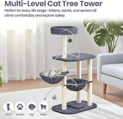 Small Cat Tree Tower with Lots of Scratching Posts - 42 Inch Medium Compact Cats Scratch House with Hammock Perch for Multi Level 2 Kitty - Indoor Corner Cat Bed Condo Climbing Gym Towers Furniture