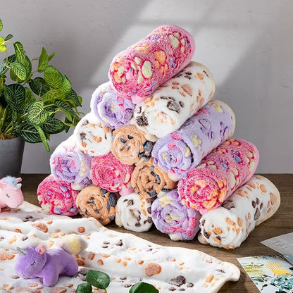 Chumia 40 Pcs Blankets Soft Fluffy Fleece Washable Pet Dog Sleep mat Paw Print Pattern Fleece Blankets for Pets Throw Warm Bed Mat for Dog Puppy Cat (24 x 16 Inch,Pink, White, Brown, Purple)