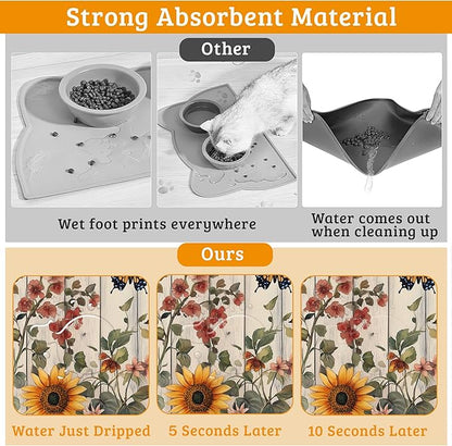 Pet Feeding Mat,Vintage Flower Absorbent Dog Cat Food Mat Rustic Wooden Dog Mat with Rubber Backing,Non-Slip Water Bowl Placemat,Pet Supplies 12" x 20"