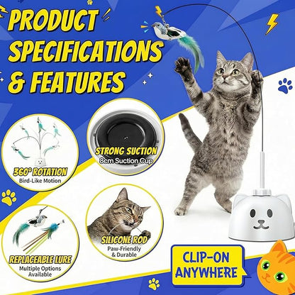 Interactive Cat Toys for Indoor Cats - Automatic Flying Bird Feather Toy, USB Rechargeable Electric Cat Teaser with Strong Sticky Base, Smart Motion Activated Self-Play Enrichment Toy for Bored Cats