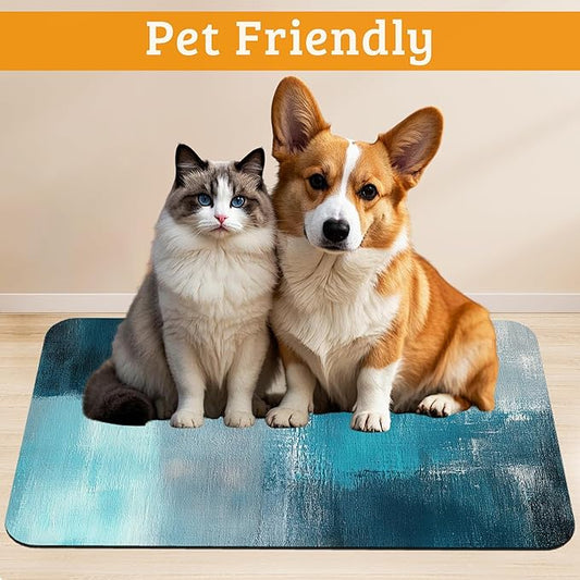 Pet Feeding Mat,Art Painting Absorbent Dog Cat Food Mat Grey Blue Dog Mat with Rubber Backing,Non-Slip Water Bowl Placemat,Pet Supplies 16" x 24"