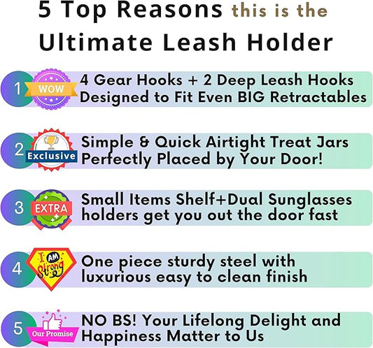 Dog Treat Holder For Wall Storage For Pets, Premium Pet Wall Organizer, Includes One 32oz Airtight Dog Treat Jar, 2 Sets of Triple Hooks, Sturdy Shelf in Modern Black