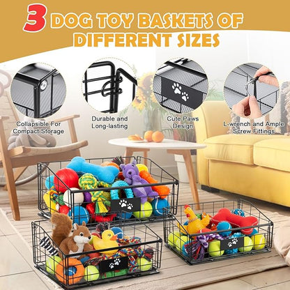 Mimorou 3 Pack Metal Dog Toy Baskets Multi-sized Foldable Dog Toy Bins Box Storage Container Organizer for Living Room Area Decorative Pet Accessories Coat Clothing Storage Holder Baskets(Black)