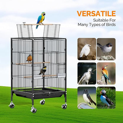 VINGLI Bird Cage with Wheels, Durable Wrought Iron Parakeet Cage with Slide Out Tray, Black Bird Cages for Parakeets/Lovebird/Cockatiels/Budgies and Other Small/Medium Birds (Medium-38 inch)
