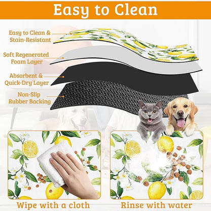Lemon Feeding Mat,Green Leaves Absorbent Quick-Dry Cat Dog Food and Water Bowl Mats,Non-Slip Rubber Backing Mat,Cat Dog Accessories Supplies 16" x 24"