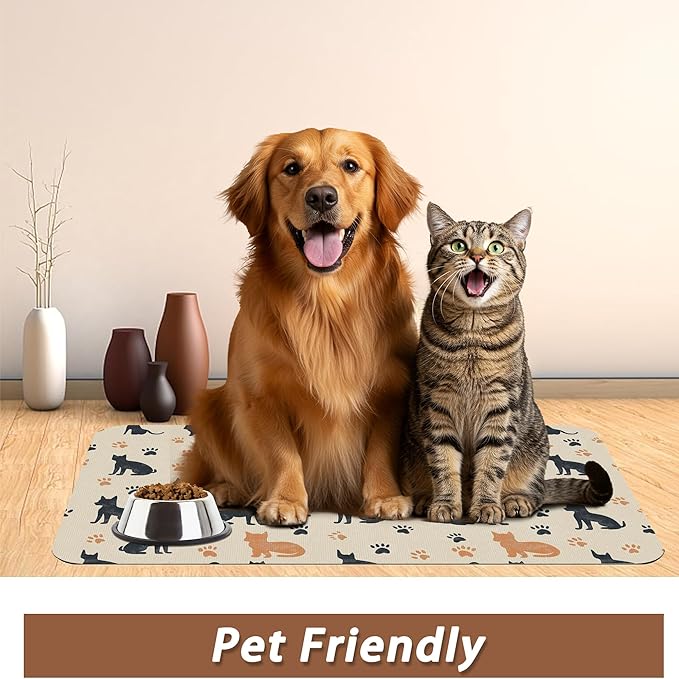 Cute Cat Paw Prints Dog Food Mat for Floors,Vintage Boho Absorbent Pet Food and Water Bowl Mats,Non-Slip Pet Feeding Mat,Pet Supplies 16" x 24"