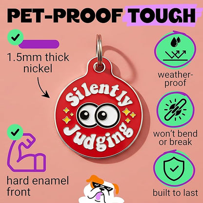 Bad Tags Personalized Dog and Cat ID Tags in 25+ Designs and 2 Sizes - 5 Lines of Custom Engraved Text - Funny Cute Personalized Pet Tags (Silently Judging - Red, Large (1.25 inch))