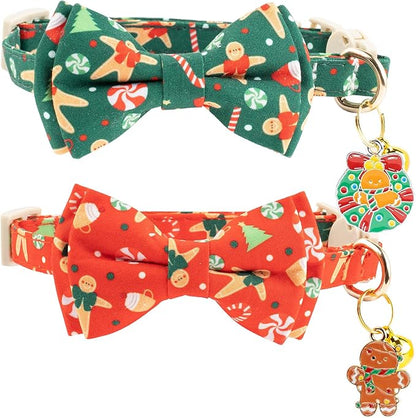 Faygarsle 2 Pack Christmas Cat Collar Set, Red and Green Gingerbread Pattern, with Bells and Bows, Breakaway Safety Feature