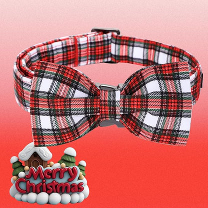 Christmas Dog Collar, Red Plaid Cotton Collars with Bow Adjustable Pet Collar Premium Metal Buckle, Christmas Puppy Necklace for X-Small Girl and Boy Dogs