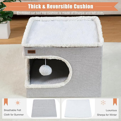Cat Bed for Indoor Cats Cube House, Covered Cat Cave Beds & Furniture with Scratch Pad and Hideaway Tent, Cute Modern Cat Condo for Multi Small Pet Large Kitten Kitty, Large, Dark Grey